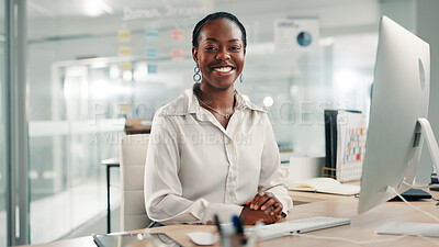 Buy stock photo Research, portrait or happy black woman on computer for online project, review or economy website. Smile, financial consultant and proud accountant in office for planning budget, report or business