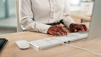 Buy stock photo Research, business or hands of woman on computer for economic news, project review or economy website. Keyboard, financial consultant and accountant in office for budget solution, report or taxes