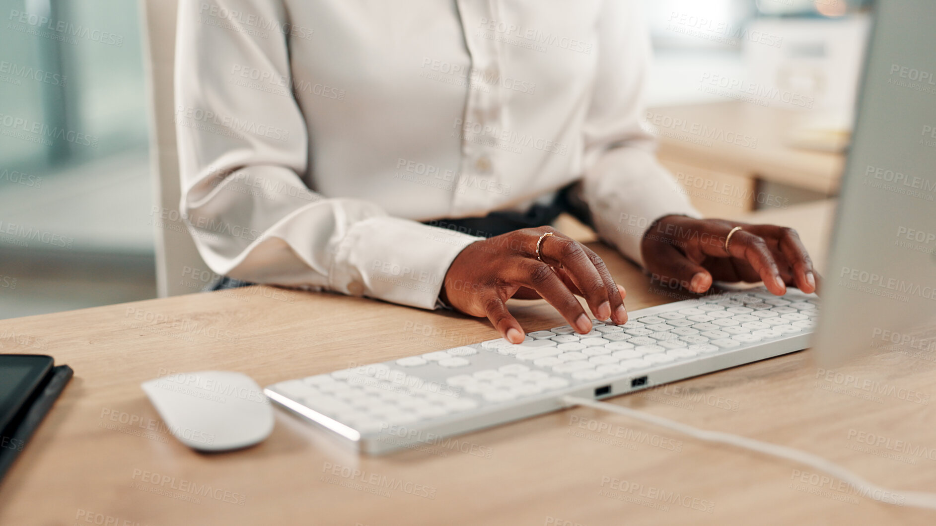 Buy stock photo Research, business or hands of woman on computer for economic news, project review or economy website. Keyboard, financial consultant and accountant in office for budget solution, report or taxes