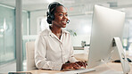 Office, customer service and black woman on computer for contact us, crm support and consulting. Call center, professional and business person with headset for communication, advice and feedback