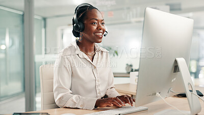 Buy stock photo Office, customer service and black woman on computer for contact us, crm support and consulting. Call center, professional and business person with headset for communication, advice and feedback