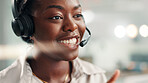 Call center, black woman and consultant with headset in office for crm system, consultation or review. Happy, audio tech and African customer service agent with online help, support or contact us.