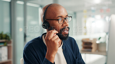 Buy stock photo Business, call center and black man in office talking for contact us, crm service and customer support. Glasses, professional consultant and person with headset for communication, advice and feedback