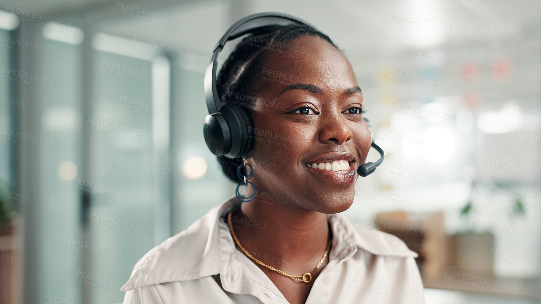 Buy stock photo Call center, black woman and agent with headset in office for crm system, consultation or review. Happy, audio tech and African customer service consultant with online help, support or contact us.