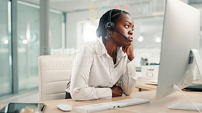Buy stock photo Bored, office and tired black woman in call center for contact us, crm service and customer support. Business, professional consultant and person with headset for fatigue, frustrated and burnout