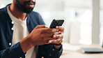 Businessman, hands and phone in office for contact, calendar update and scroll on networking platform. Employee, mobile and typing at desk for communication, email draft or browsing for productivity