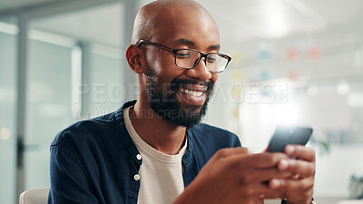 Buy stock photo Phone, smile and businessman with social media, texting or message in office laughing at meme. Funny, communication and corporate employee browsing website, mobile or internet app on smartphone