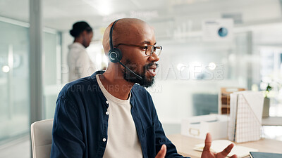 Buy stock photo Office, call center and man on computer talking for contact us, crm service and customer support. Business, professional consultant and person with headset for communication, advice and feedback
