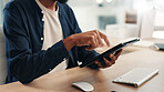 Man, hands or tablet in office for business, project planning and scroll on networking platform. Employee, tech and typing at desk for communication, email draft or browsing for productivity research