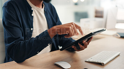 Buy stock photo Man, hands or tablet in office for business, project planning and scroll on networking platform. Employee, tech and typing at desk for communication, email draft or browsing for productivity research