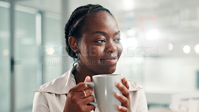 Buy stock photo Black woman, coffee and smile with thinking at office with insight, solution and inspiration for project. African person, mug and happy with perspective, drink and problem solving at creative agency