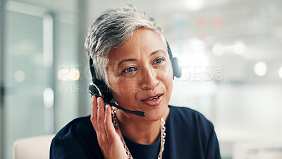 Buy stock photo Mature, happy woman or consultant talking with headset at call center for online communication. Female person, agent or employee with mic or technology for virtual assistance or customer service