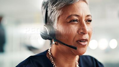 Buy stock photo Talking, call center and mature woman in office for contact us, crm service and customer support. Business, professional consultant and person with headset for communication, advice and feedback