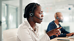 Black woman, consultant and pointing with headset at call center for customer service or online advice. Female person, agent or employee talking with mic on technology for virtual assistance or help