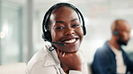 Happy, black woman and portrait with headset at call center for customer service or online advice. Face, female person or agent with smile, mic or technology for virtual assistance or help at office