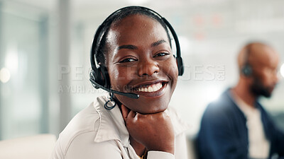 Buy stock photo Happy, black woman and portrait with headset at call center for customer service or online advice. Face, female person or agent with smile, mic or technology for virtual assistance or help at office
