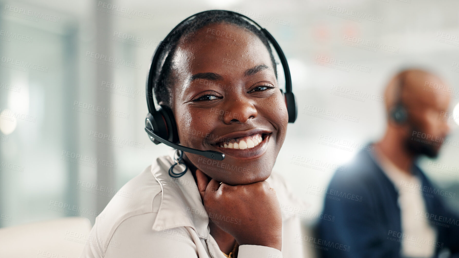Buy stock photo Happy, black woman and portrait with headset at call center for customer service or online advice. Face, female person or agent with smile, mic or technology for virtual assistance or help at office