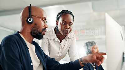 Buy stock photo Business people, coach or help with computer at call center for customer service or online advice. Businessman, woman or consultant pointing with virtual assistance, headset or mic for CRM at office