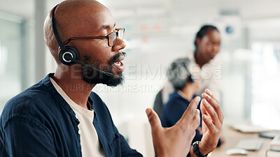 Buy stock photo Man, consultant or discussion with headset at call center for customer service or online advice. Male person, agent or employee talking with mic on technology for virtual assistance or help at office