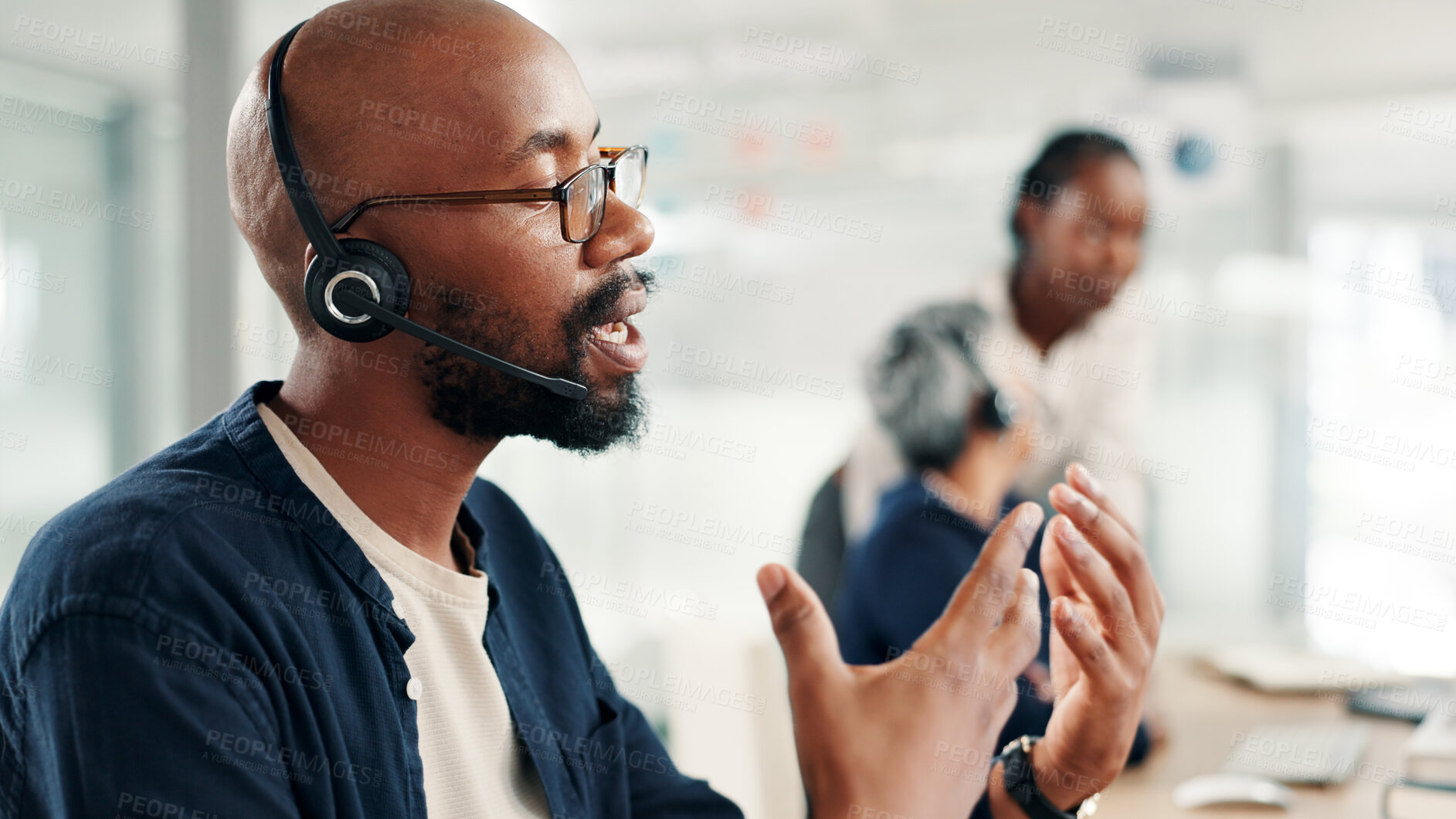 Buy stock photo Man, consultant or discussion with headset at call center for customer service or online advice. Male person, agent or employee talking with mic on technology for virtual assistance or help at office
