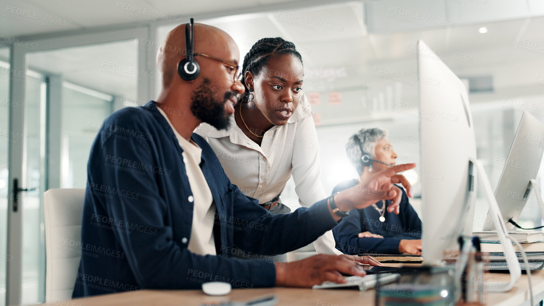 Buy stock photo Call center, people and discussion at computer for business, feedback or problem solving in telemarketing. Sales agent, mentor and advice at tech with help, training or pointing in coworking space