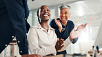 Applause, happy and business people in office with job promotion, good news or achievement. Celebration, goal and female editor with team for clapping hands with publishing deal in workplace.