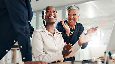 Buy stock photo Applause, happy and business people in office with job promotion, good news or achievement. Celebration, goal and female editor with team for clapping hands with publishing deal in workplace.