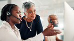 Call center, people and advice at computer for business, feedback or problem solving in telemarketing. Sales agent, mentor and discussion in at tech with help, training or pointing in coworking space