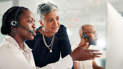 Buy stock photo Call center, people and advice at computer for business, feedback or problem solving in telemarketing. Sales agent, mentor and discussion in tech with help, training or pointing in coworking space