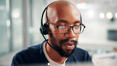 Buy stock photo Talking, call center and business man in office for contact us, crm service and customer support. Glasses, professional consultant and person with headset for communication, advice and feedback