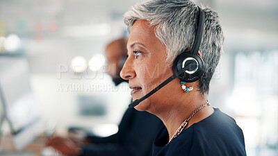 Buy stock photo Office, call center and mature woman with headset for contact us, crm service and customer support. Business, professional consultant and person for communication, advice and online feedback at desk