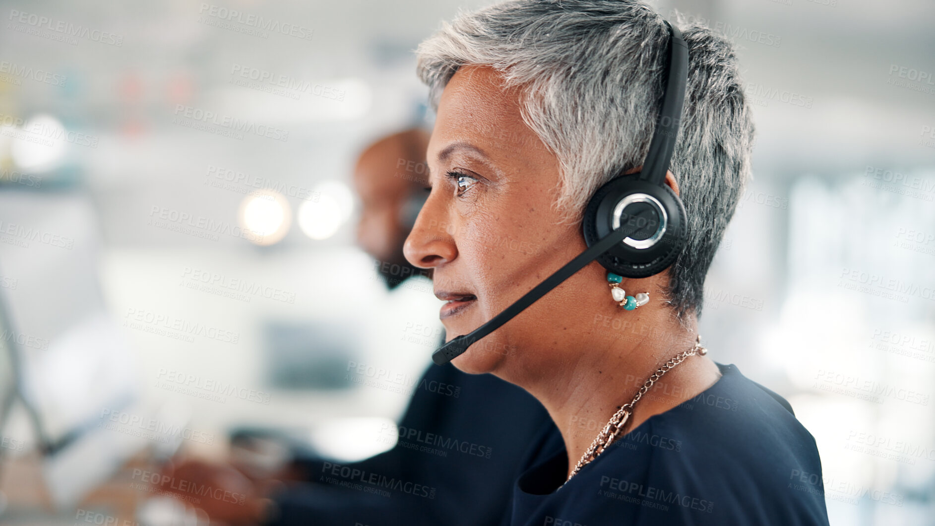 Buy stock photo Office, call center and mature woman with headset for contact us, crm service and customer support. Business, professional consultant and person for communication, advice and online feedback at desk