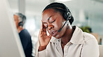 Frustrated woman, consultant and stress with headset for call center, difficult customer or error. Female person, agent or employee with headache or anxiety for mistake, pressure or fatigue at office