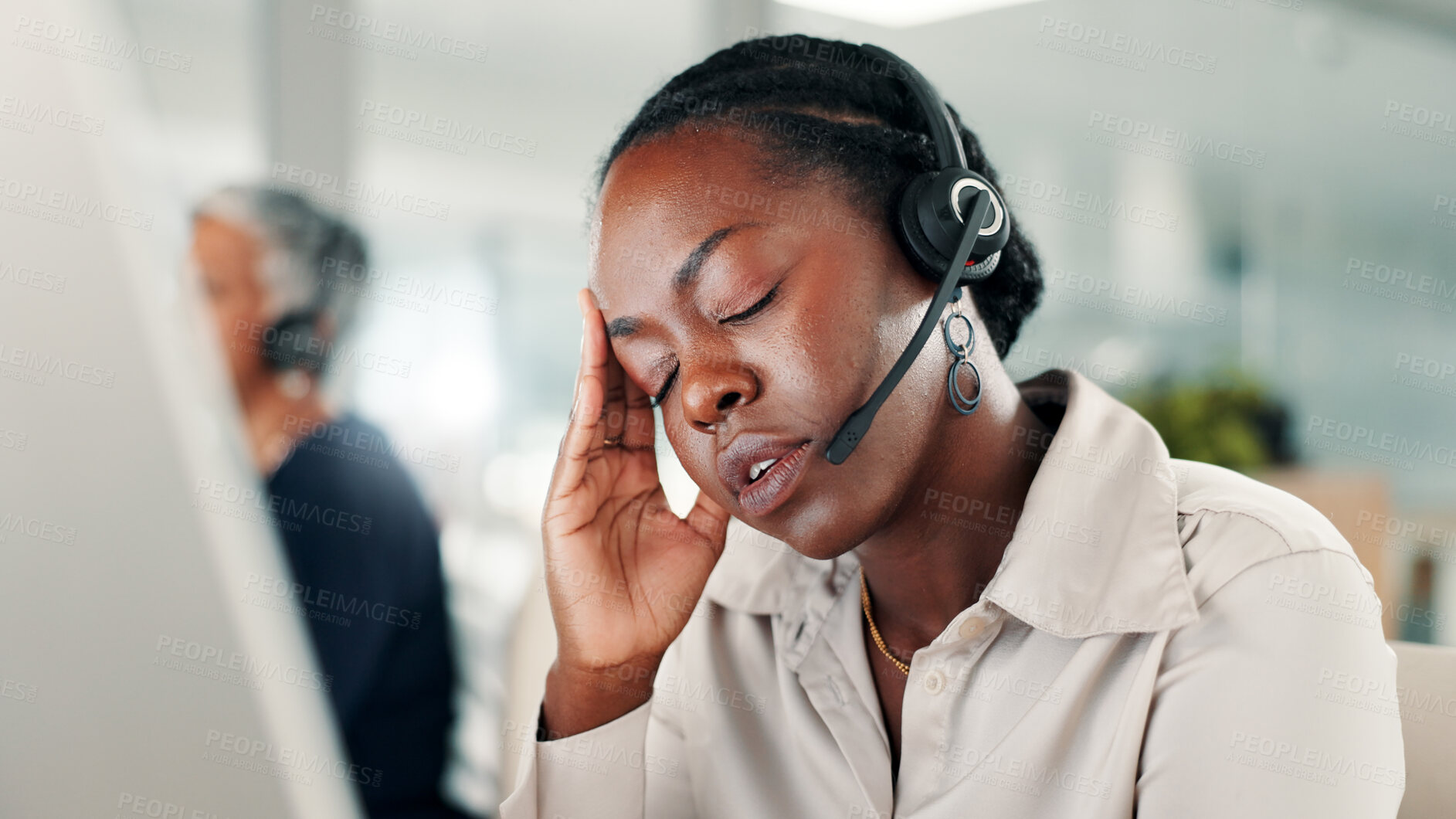 Buy stock photo Frustrated woman, consultant and stress with headset for call center, difficult customer or error. Female person, agent or employee with headache or anxiety for mistake, pressure or fatigue at office