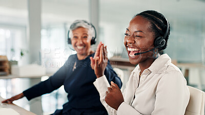 Buy stock photo Business people, call centre and women in office, high five and customer support with kpi target. Employees, excited and consultant with hand gesture, celebration and help desk with pride and goals
