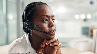 Buy stock photo Black woman, consultant or concern with headset at call center for bad news or difficult customer. Female person, agent or employee thinking with mic in worry for negative feedback or error at office