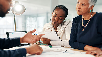 Buy stock photo Business people, meeting and discussion with documents for research, project deadline or collaboration at office. Group of employees or team talking with tablet for brainstorming, planning or ideas