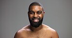 Portrait, skincare and black man in studio, smile and cosmetics on gray background. African person, mockup space and happy model with treatment, grooming and shine with glow, dermatology and wellness