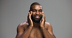 Smile, skincare and beauty with black man in studio for salon, grooming and dermatology. Cosmetics, glow and self care with person and facial on gray background for hydration, hygiene and shine