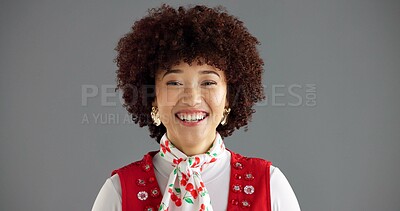 Buy stock photo Happy, fashion and portrait of woman in studio with trendy clothes, cool style and retro outfit. Mockup space, creative and isolated person with confidence, pride and smile on gray background