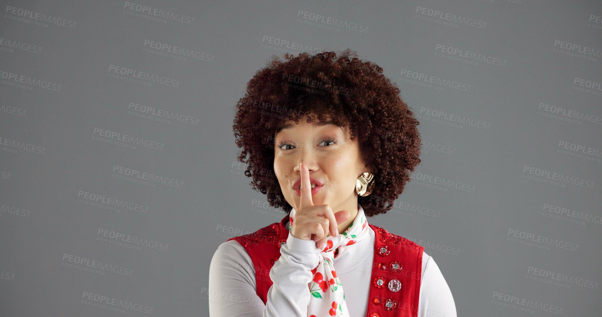 Buy stock photo Portrait, woman or shush for secret in studio, gossip or confidential news on gray background. African person, quiet or hand gesture for silence, privacy or finger on lips for fashion on mockup space