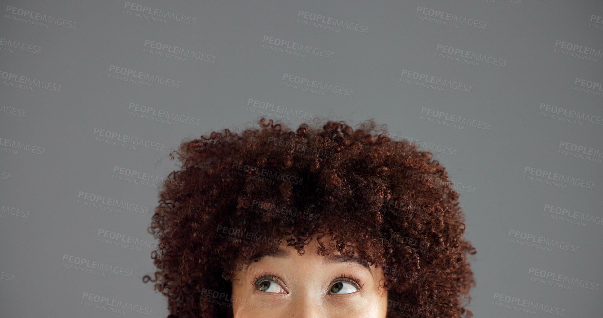 Buy stock photo Woman, face and eyes with thinking closeup, ideas or solution with problem solving for brainstorming in studio. Vision, dream or mindset for decision, person with afro and space on gray background