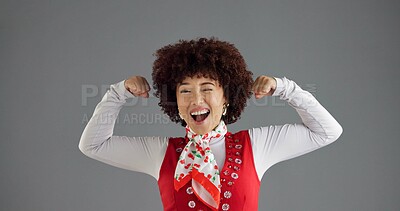 Buy stock photo Happy woman, retro or flexing with fashion, power or wink in studio for strength or pride on grey background. Champion, creative person or afro girl model with portrait, vintage clothes and space