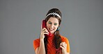 Telephone, retro fashion or happy woman in studio talking with trendy clothes, mockup space and smile. Makeup, girl and model with phone call for chat, vintage style and gossip on grey background