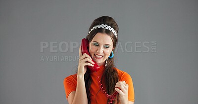 Buy stock photo Telephone, retro fashion or happy woman in studio talking with trendy clothes, mockup space and smile. Makeup, girl and model with phone call for chat, vintage style and gossip on grey background