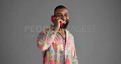 Buy stock photo Telephone, fashion and happy black man in studio with trendy clothes, style and outfit. Vintage, aesthetic and isolated person with phone call for communication, contact and gossip on gray background
