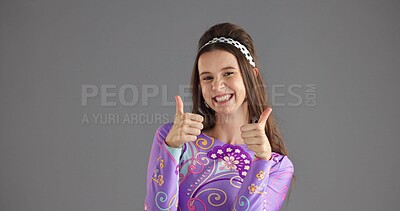 Buy stock photo Fashion, retro and thumbs up with portrait of woman for groovy aesthetic, success and approval emoji. Feedback, vintage style and support with person on gray background for designer review and vote