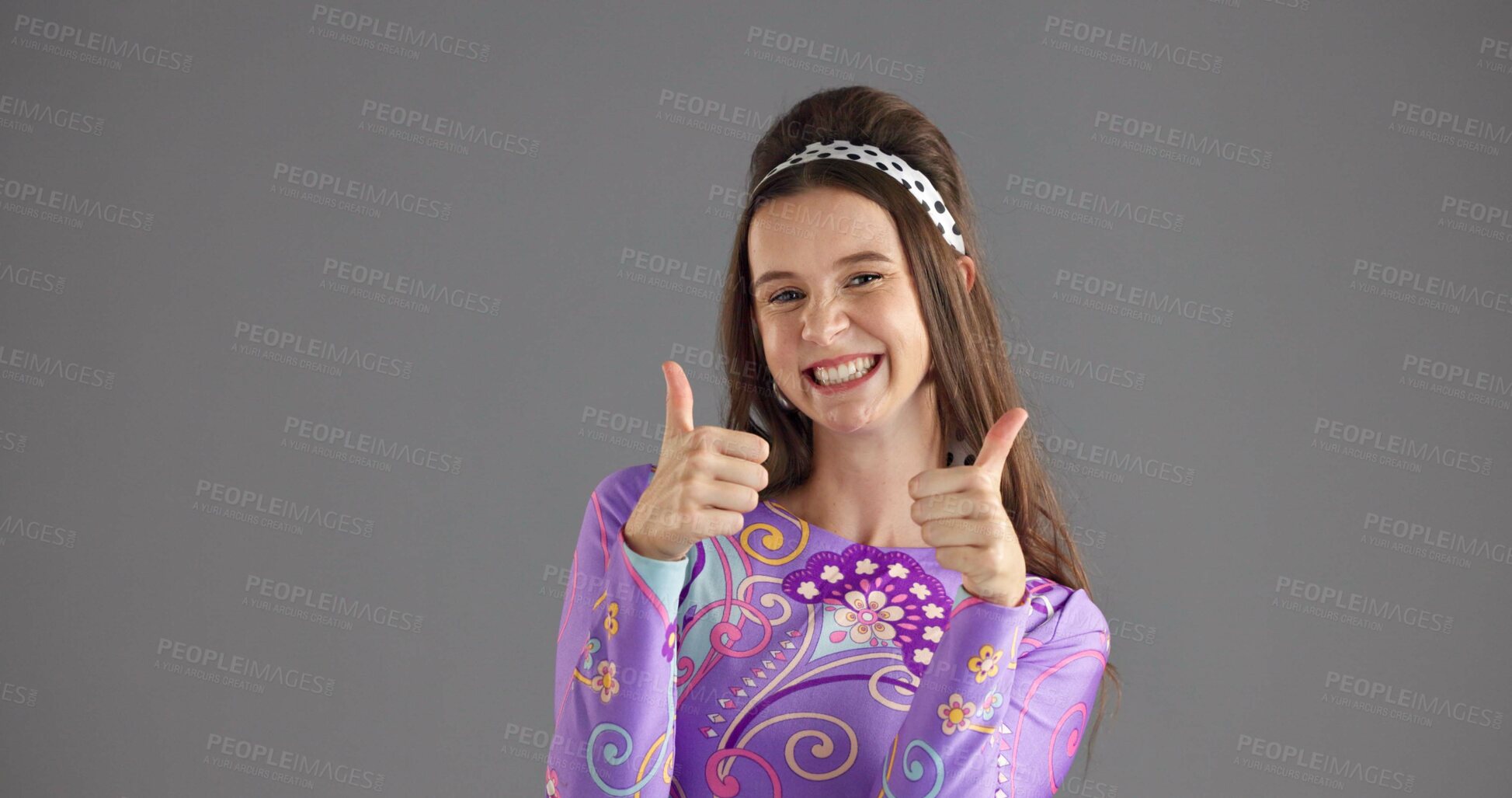 Buy stock photo Fashion, retro and thumbs up with portrait of woman for groovy aesthetic, success and approval emoji. Feedback, vintage style and support with person on gray background for designer review and vote