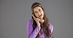 Telephone, vintage fashion and woman in studio with trendy clothes, style and outfit. Retro, aesthetic and isolated person with phone call for communication, contact and gossip on gray background
