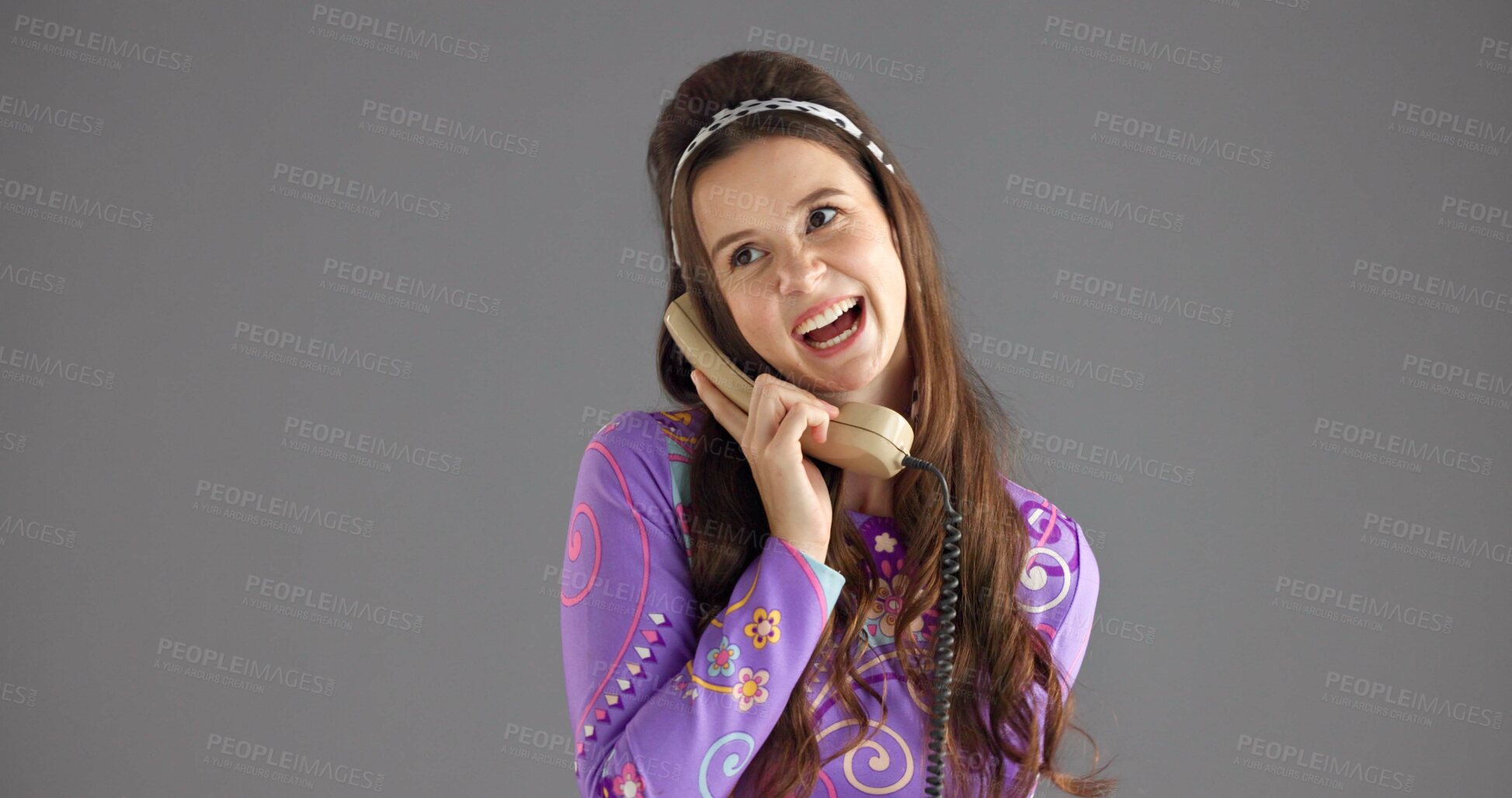 Buy stock photo Telephone, vintage fashion and woman in studio with trendy clothes, style and outfit. Retro, aesthetic and isolated person with phone call for communication, contact and gossip on gray background